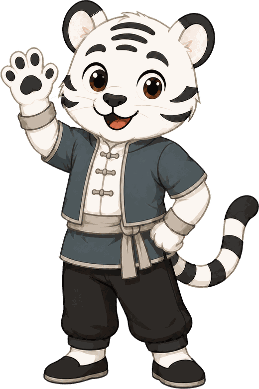 Shengly’s white tiger mascot waving hello