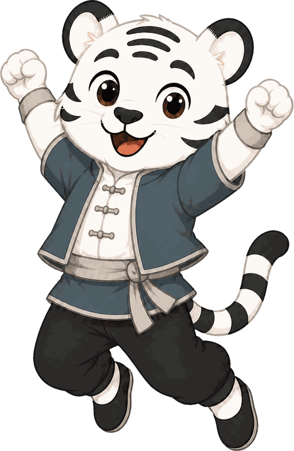 White tiger cub making a victory gesture